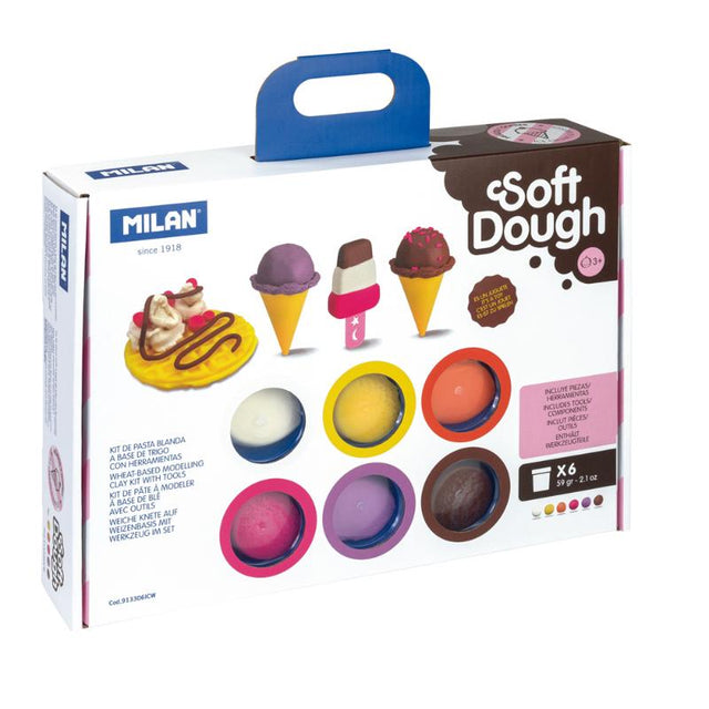 Colorful Milan Soft Dough Ice Cream & Waffles Play Kit with 6 vibrant dough cans and 10 tools for creative play.