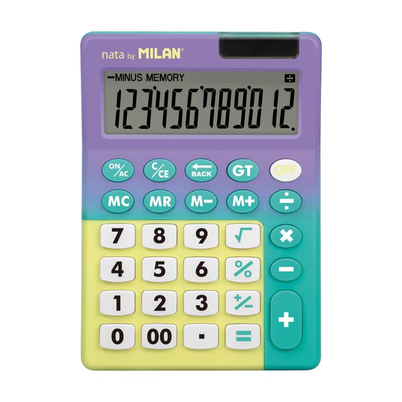 Milan Calculator Sunset Desk with 12 digits, 4 memory keys, and vibrant colors for stylish and efficient calculations.