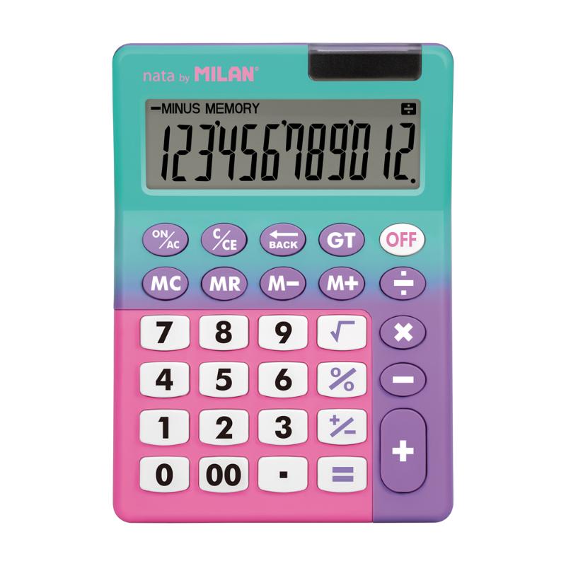 Milan Sunset Desk Calculator with 12 digits, vibrant colors, memory keys, and dual power for efficient calculations.