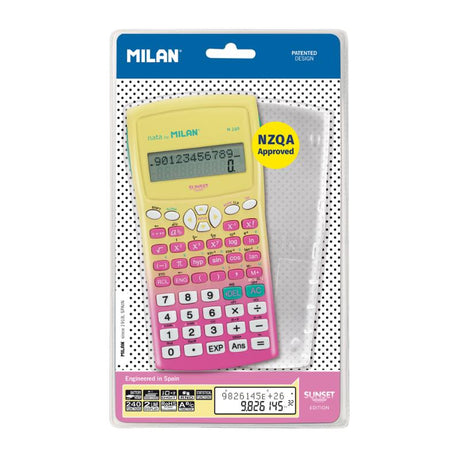 Vibrant pink and yellow scientific calculator with a protective cover, featuring a 2-line screen and 240 functions for complex calculations.