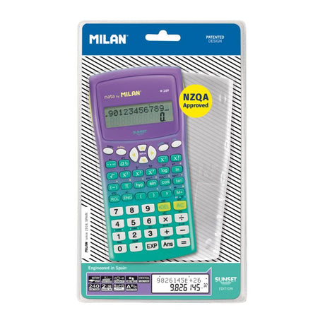 Milan Scientific Calculator in sunset green and purple with dual-line display and over 240 functions for advanced calculations.