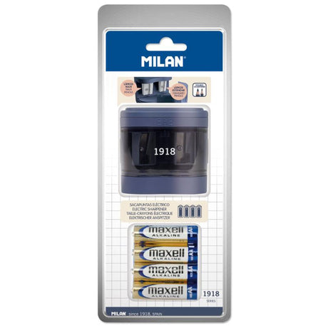 Navy blue Milan automatic pencil sharpener with dual holes, carbon steel blade, safety features, and included batteries.