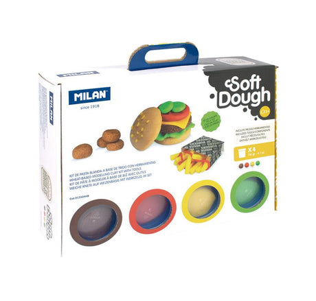 Colorful dough play kit featuring 4 cans of soft, elastic dough and 12 tools for creating imaginative burger designs.