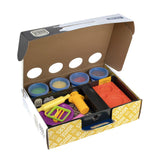 Colorful dough kit for creating pretend burgers, featuring 4 vibrant dough cans and 12 fun shaping tools for imaginative play.