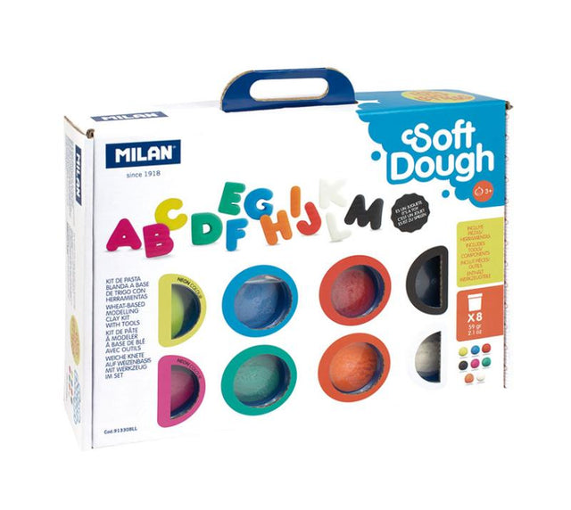 Milan Soft Dough Play Kit with 8 colors, 26 letter shapes, and tools for creative and educational fun for kids.