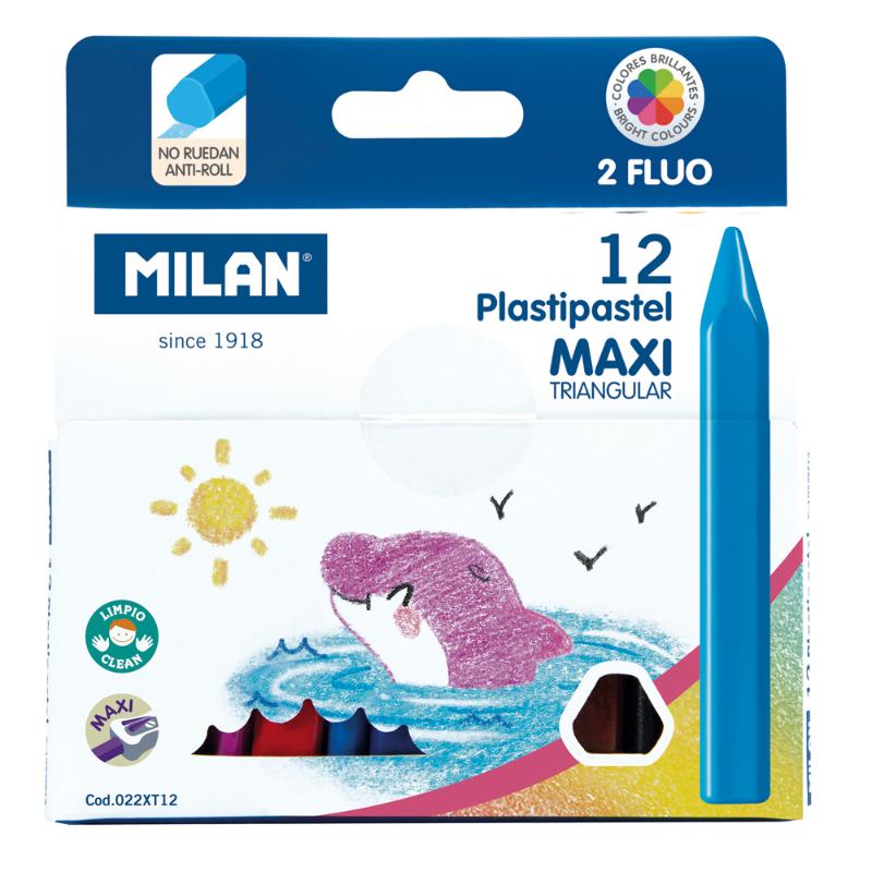 Milan Plastipastel Maxi Pack of 12 triangular pastels in assorted colors for easy, vibrant art creation.