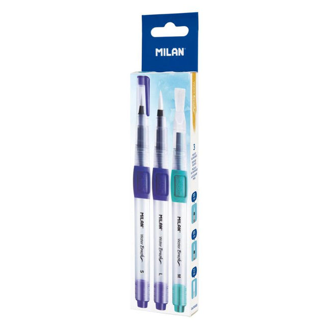 Milan Refillable Water Brush Set with three versatile sizes for watercoloring, calligraphy, and convenient on-the-go painting.