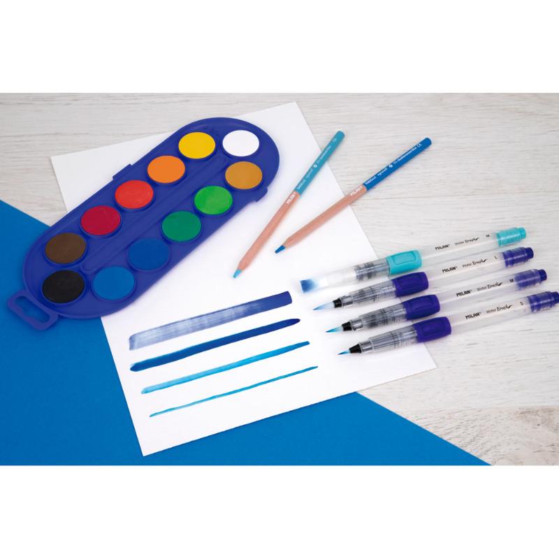 Milan Refillable Water Brush Set Pack 3 featuring three brush sizes for watercolor art, portable and ergonomic design for comfort.