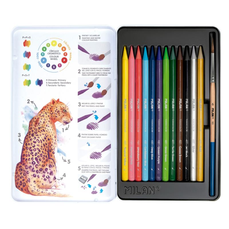 Milan 13-piece water-soluble colored pencil set for vibrant artwork, easy blending, and mess-free creativity.