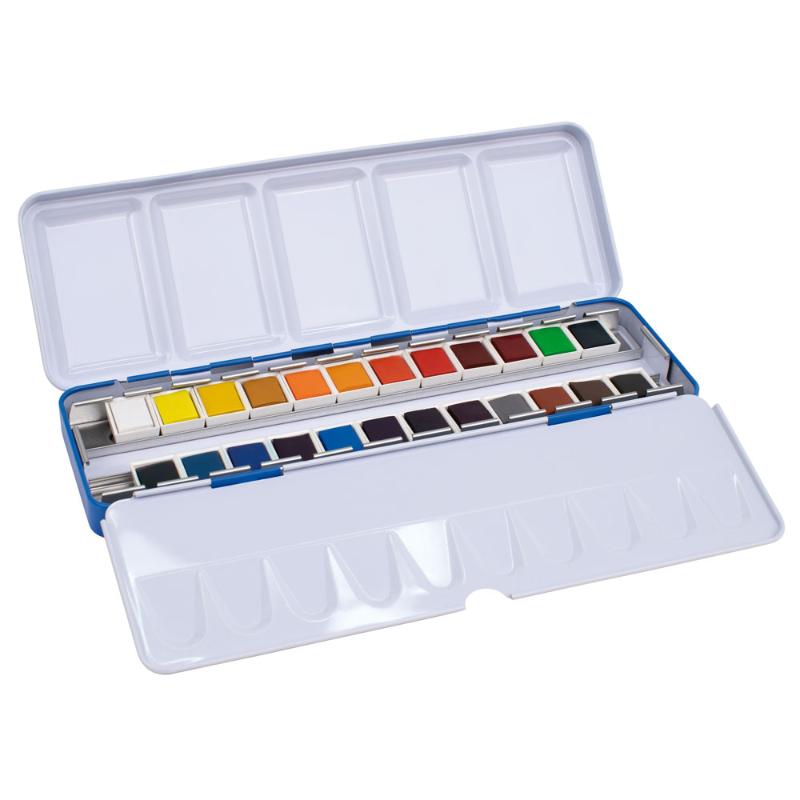 Milan Watercolour Paint Set with 24 vibrant colours in a portable case, perfect for artists of all levels.