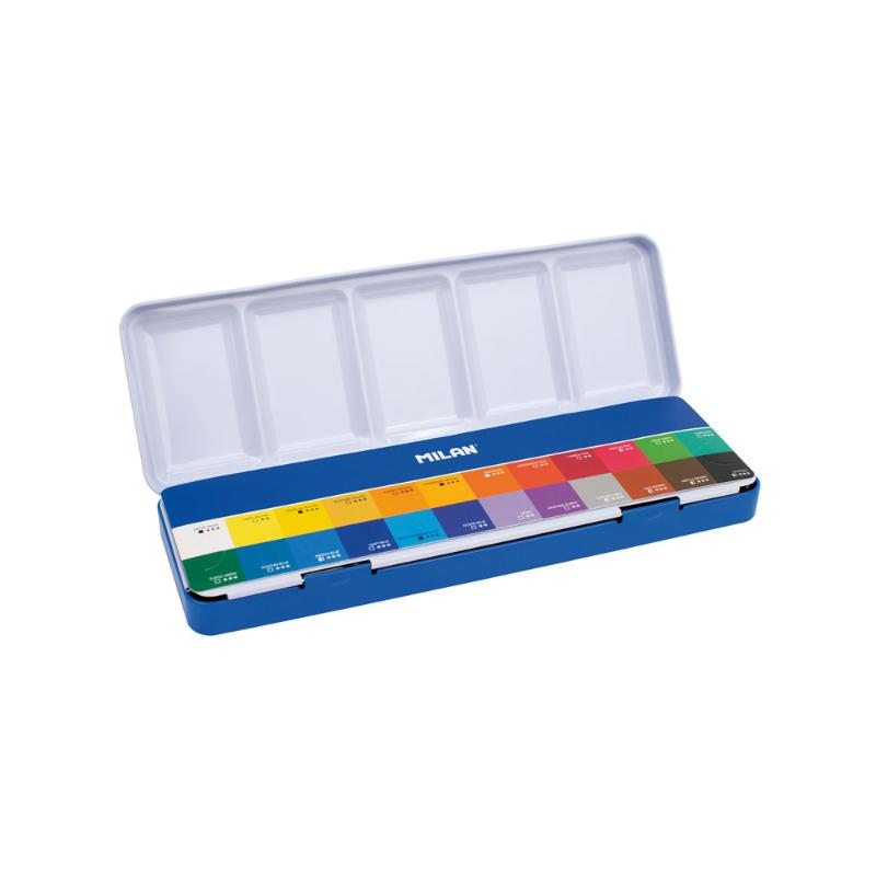 Milan Watercolour Paint Set with 24 vibrant colors in a portable case, perfect for artists of all skill levels.