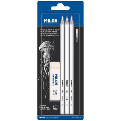 Milan White Drawing Pencils pack featuring 3 pencils and an eraser, ideal for artists of all skill levels.