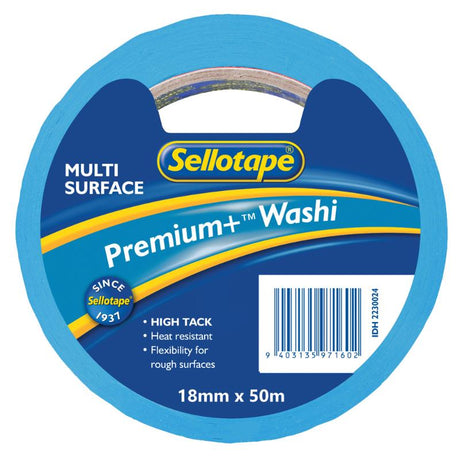 "Colorful and versatile Sellotape Washi Premium+ tape, perfect for crafting, decorating, and gift wrapping."