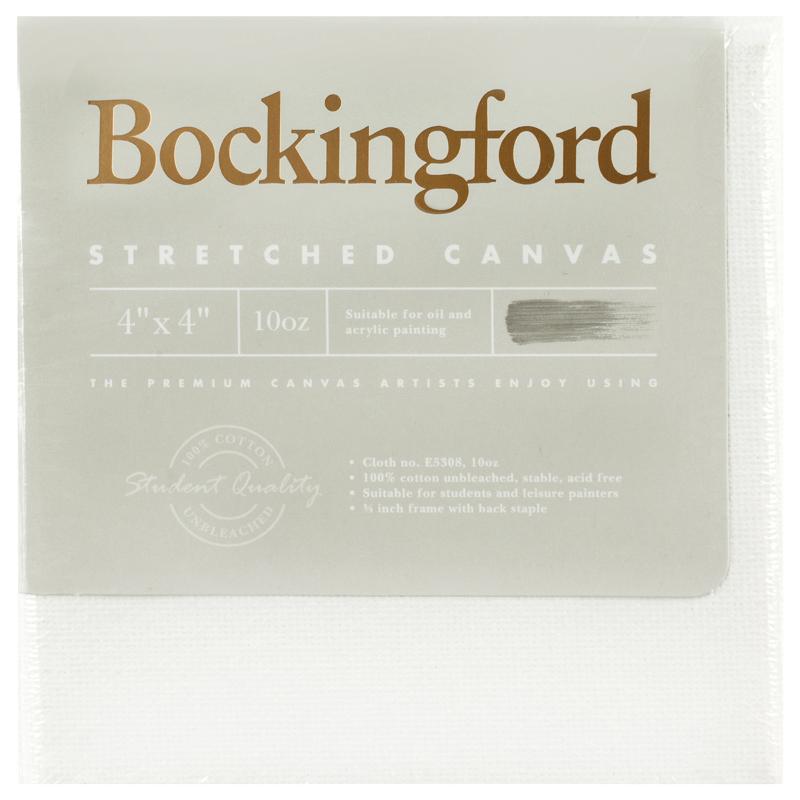 Bockingford 4x4 inch canvas, 10oz heavy-weight cotton, primed with acid-free gesso, ideal for acrylic and oil painting.