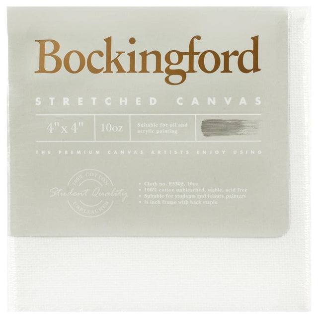 Bockingford 4x4 inch canvas, 10oz heavy-weight cotton, primed with acid-free gesso, ideal for acrylic and oil painting.