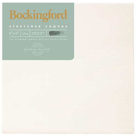 High-quality Bockingford 6x6 inch canvas, 13oz, triple primed with gesso, suitable for acrylic and oil paints, durable frame.