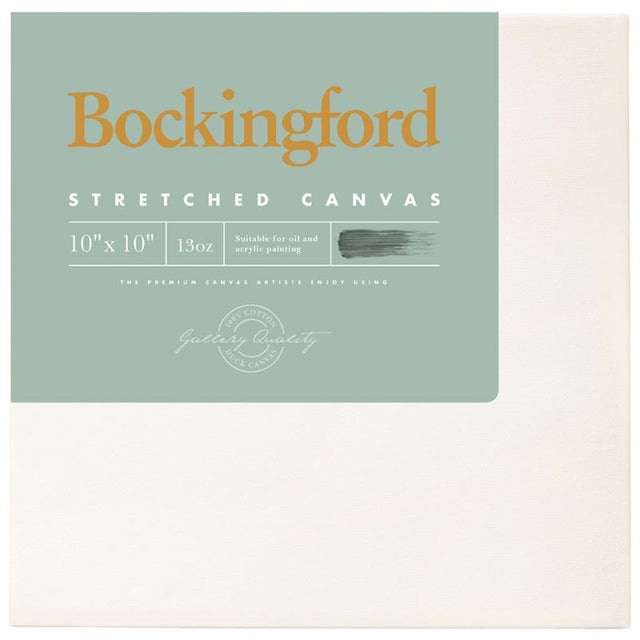 Bockingford 10x10 inch canvas, 13oz, triple gesso primed, 1.5 inch frame, ideal for acrylic, oil, and airbrush painting.