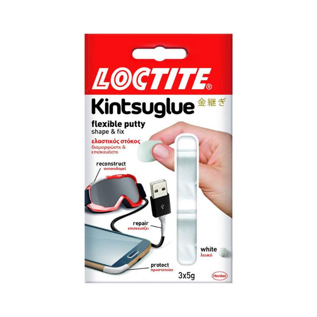 Loctite KintsuGlue 3x5g White, a strong adhesive for ceramics, wood, paper, and plastics with precision nozzle for neat application.