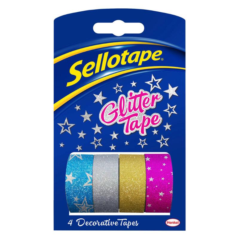 Colorful glitter tape refills in a 4-pack, perfect for adding sparkle to DIY projects and fitting into Sellotape dispensers.