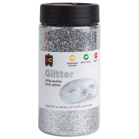 Shiny EC Glitter Silver 200g for crafting, enhancing projects with a dazzling shine on various surfaces.