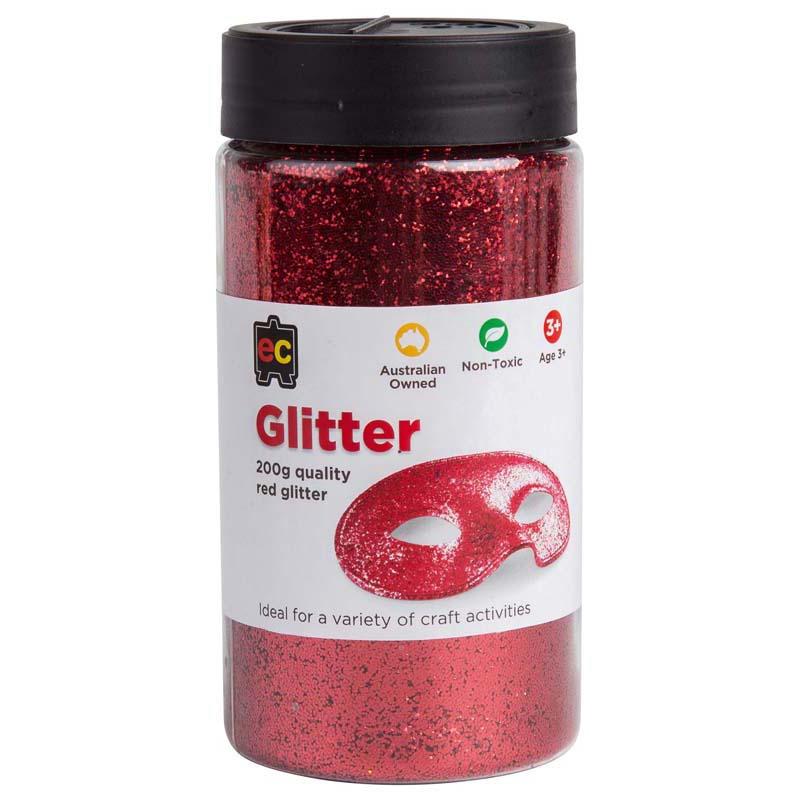 Dazzling EC Glitter Red 200gm in a jar, perfect for adding vibrant sparkle to various craft projects.