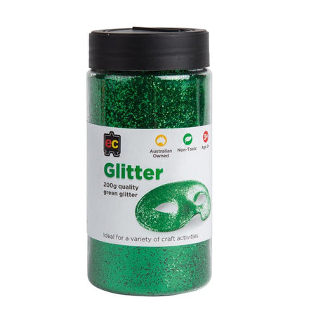 EC Glitter Green 200gm in a plastic jar, vibrant green sparkle for crafts on various surfaces like paper, fabric, and metal.