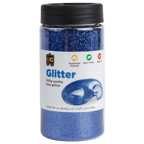 Vibrant blue glitter in a 200g container, perfect for enhancing crafts and DIY projects with a mesmerizing shimmer.