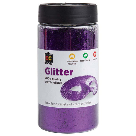 Vibrant purple craft glitter in a 200g resealable jar, perfect for enhancing art projects and adding dazzling details.