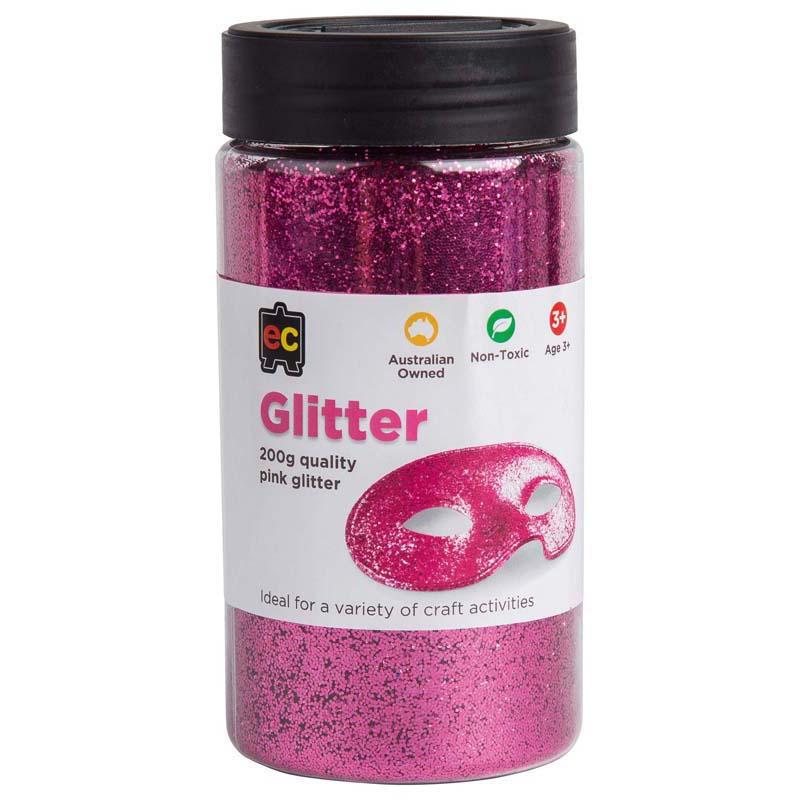 Vibrant pink craft glitter in 200g jar, perfect for adding sparkle to DIY projects on various surfaces.