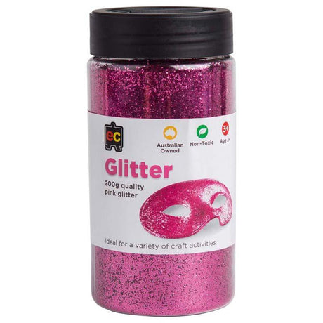 Vibrant pink craft glitter in 200g jar, perfect for adding sparkle to DIY projects on various surfaces.