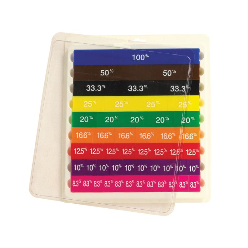 Colorful LCBF Fraction Tiles set with 51 pieces and a work tray for hands-on learning of fractions, percentages, and decimals.