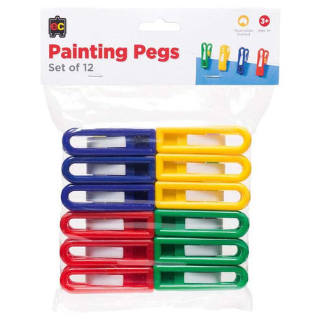 Vibrant 12-pack of durable plastic painting pegs, perfect for securing artwork and crafts in classrooms or home use.