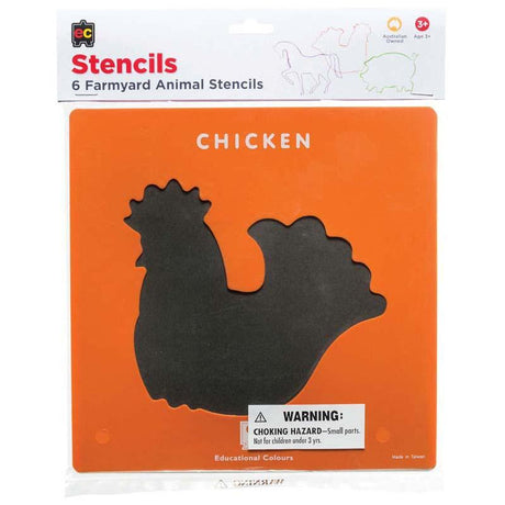 EC Stencil Set featuring 6 durable farm animal designs for creative projects, including Pig, Horse, Chicken, Cow, Sheep, and Goat.