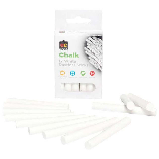 Dustless white chalk pack of 12 for mess-free writing on blackboards, ideal for teachers, students, and artists.