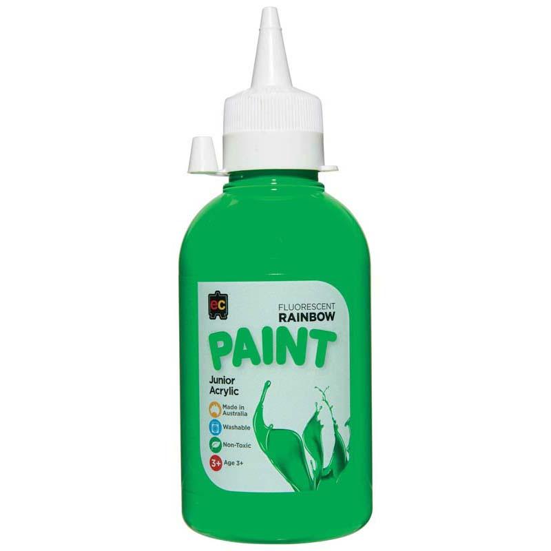 Bright fluoro green paint in a 250ml eco-friendly bottle, ideal for vibrant, fast-drying artistic projects.