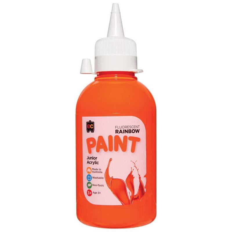 Vibrant EC Paint Rainbow Fluoro Orange in a 250ml eco-friendly bottle, perfect for safe, creative projects and artistic expression.