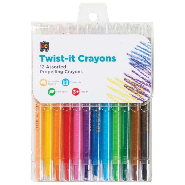 Colorful EC Crayons Twist-It 12 Pack with a clear barrel, designed for mess-free, creative drawing for young artists.