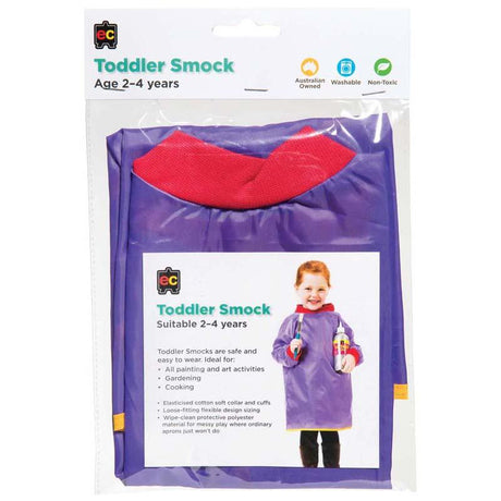 Vibrant purple toddler smock for ages 2-4, designed for messy arts and crafts with soft cotton and flexible fit.