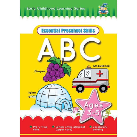 Colorful Greenhill Activity Book for ages 3-5, featuring fun ABC lowercase letter activities and engaging illustrations.