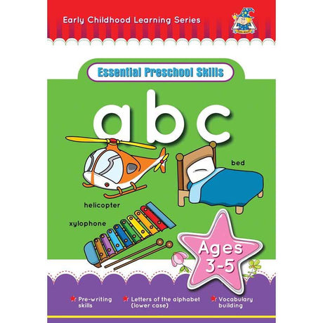 Colorful Greenhill Activity Book for 3-5 year olds, designed for fun alphabet learning with engaging activities and illustrations.