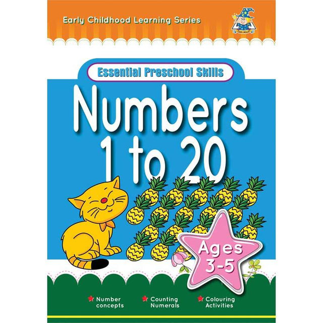 Colorful Greenhill Activity Book for 3-5 year olds, teaching numbers 1 to 20 through engaging exercises and illustrations.