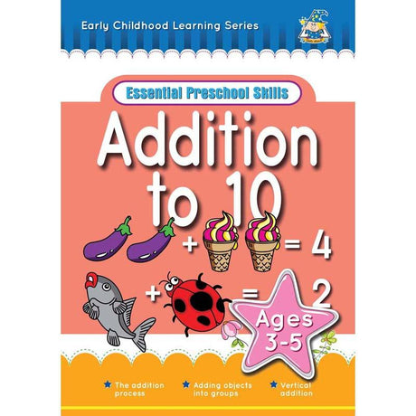 Colorful Greenhill Activity Book for 3-5 year olds, featuring engaging exercises for teaching addition to 10.