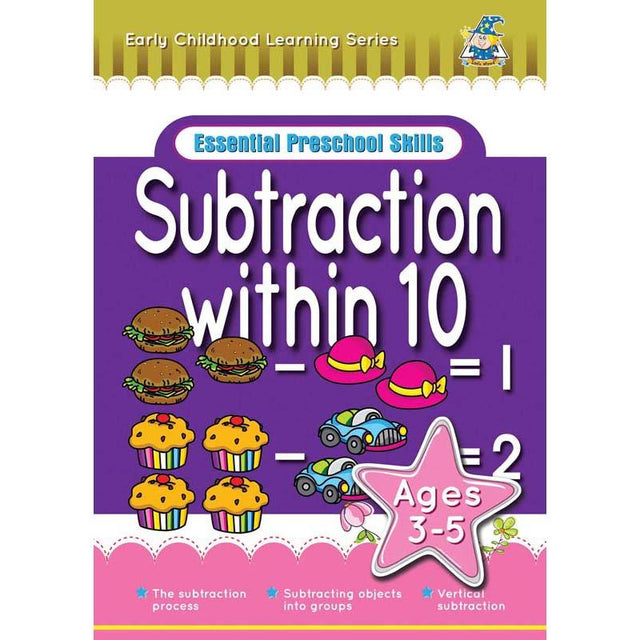 Colorful activity book for ages 3-5, focused on subtraction within 10, featuring engaging exercises and illustrations.