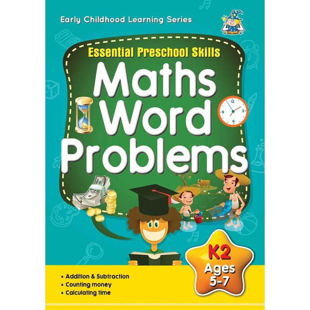 Engaging Greenhill math workbook for kids 5-7, featuring colorful illustrations and interactive word problems for skill development.