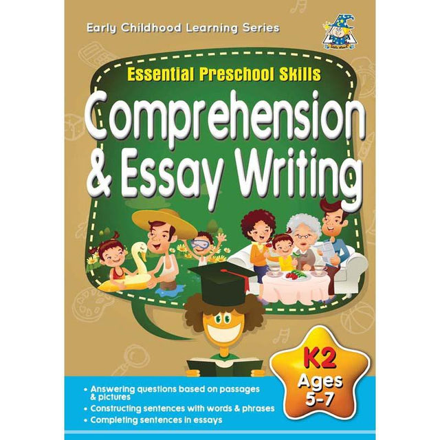 Interactive workbook for 5-7 year olds, enhancing reading comprehension and essay writing skills through fun activities.