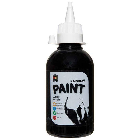 Bottle of EC Paint Rainbow Acrylic Black 250ml, featuring thick, vibrant colors for all ages and fast-drying application.