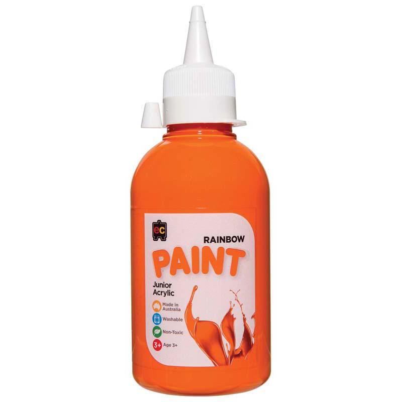 Bright orange acrylic paint in a 250ml bottle, perfect for vibrant artwork, crafts, and safe use by children.