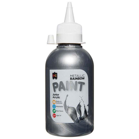 EC Paint Rainbow Acrylic Silver 250ml in a sleek bottle, featuring vibrant, fast-drying silver paint for various crafts.