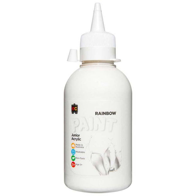 White acrylic paint in a 250ml bottle, perfect for vibrant, fast-drying art projects for all ages.