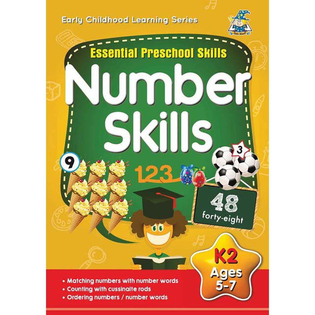 Colorful Greenhill Activity Book for 5-7 year-olds, focusing on number skills with engaging exercises and illustrations.